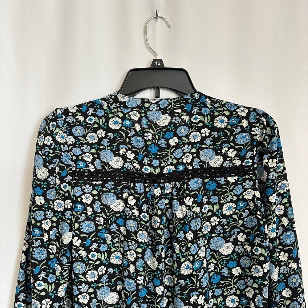 Ann Taylor Loft Women's Floral Print Blue White Black Peasant Style Blouse sz S - Picture 10 of 12